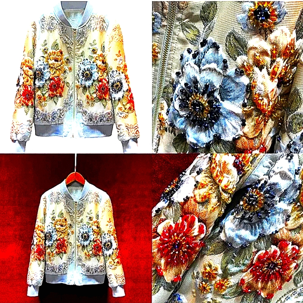 ❤️RESERVED. NWT Stunning Jacket with 3D Hand saw Flowers Beads. X - Picture 3 of 16